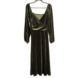 Olive Green Velvet Midi Cocktail Dress Size Large Wedding Guest Dress